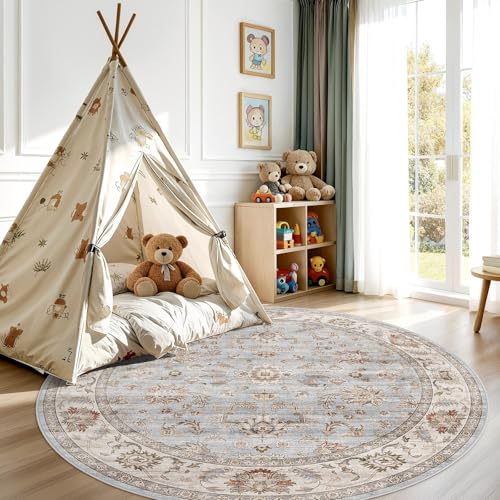 8ft Round Washable Area Rug - Non-Slip Boho Carpet with Vintage Floral Pattern - Dusty Blue-Gray/Skye/Cerulean Variation