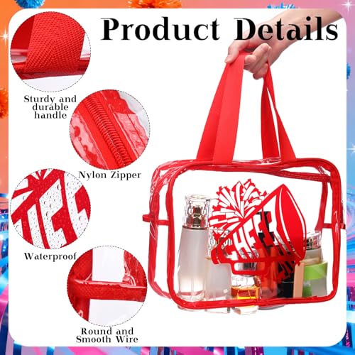 Kacctyen 12 Pcs Cheer Large Clear Toiletry Cosmetic Makeup Bag with Zipper and Handle Cheer Snack Bag Bulk for Team 12 x 9 x 4 Gift Bags Tote Pouch Cheerleading Teammates Party Supplies(Red)