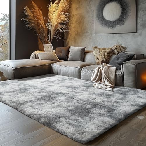 8x10 Grey Mottling Shag Area Rug for Bedroom Living Room Plush Fluffy Carpet - Tie-Dye Grey