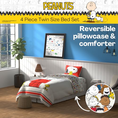 Peanuts Snoopy Reversible Comforter & Sheet Set - Twin Size, Red Variation