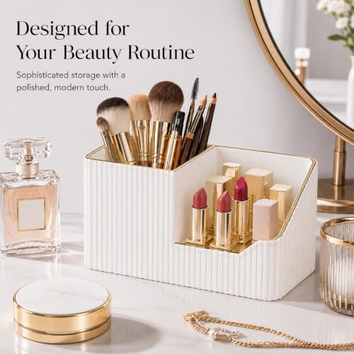 GORESE Leather Makeup Brush Holder with Lipstick Organizer - Ivory White
