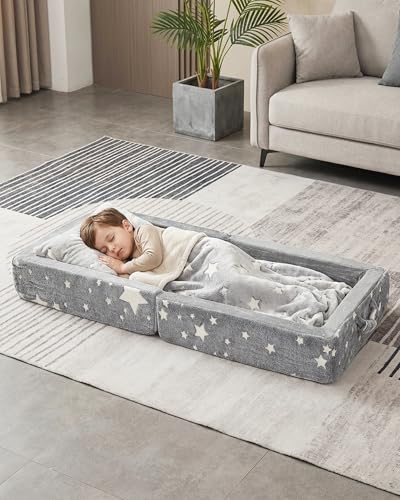 Glow-in-the-Dark Toddler Floor Bed - Foldable Travel Bed with Safety Rails, Gray