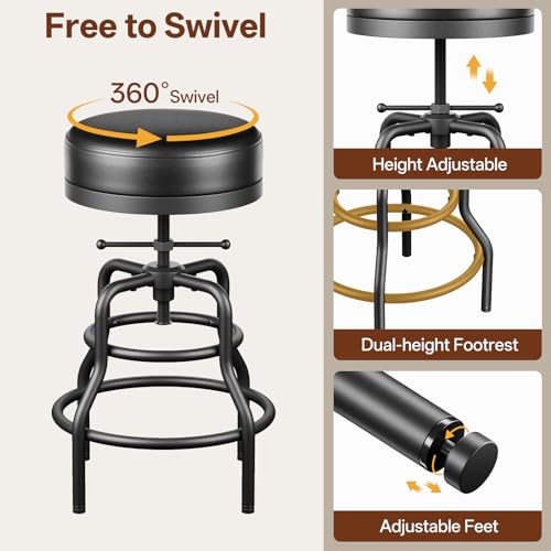 Adjustable Height Industrial Swivel Bar Stool - 22 to 29 Inch, Leather Cushion