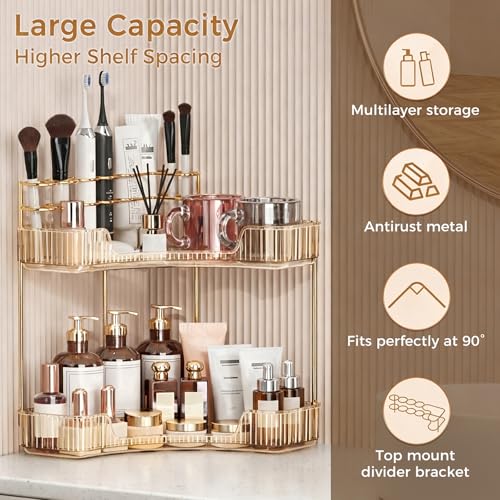 Corner Bathroom Counter Organizer 2-Tier Makeup Storage - Gold