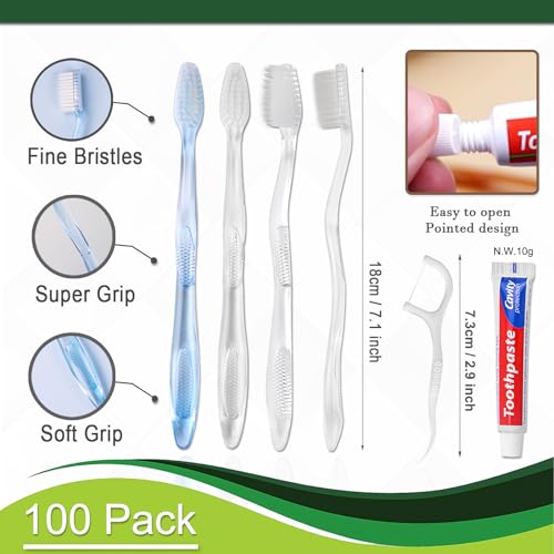 100 Pack Disposable Toothbrushes with Toothpaste and Floss - Individually Wrapped - Multiple Colors