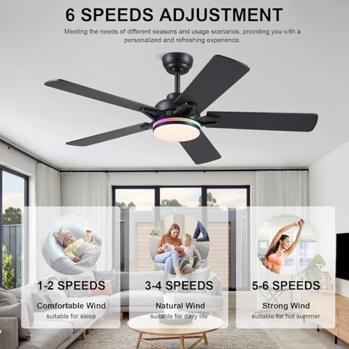 52 Inch Ceiling Fan with RGB Lights - Modern Black Indoor Outdoor Fan with Remote & App Control