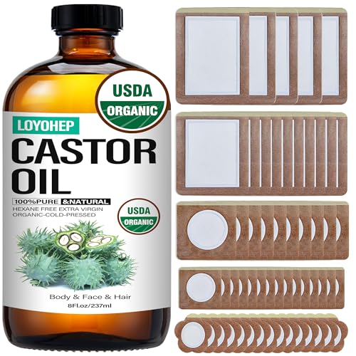 55 Pcs Castor Oil Patches with Organic Cold-Pressed Castor Oil in Glass Bottle for Detox & Targeted Therapy - Multiple Sizes & Styles