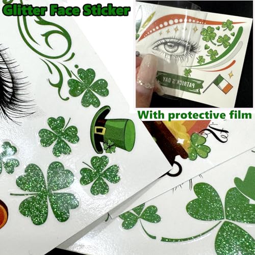 St. Patrick's Day Temporary Tattoos - Shamrock Face Stickers - Green Clover Body Tattoos - Self Adhesive Party Makeup - Festival & Holiday Party Supplies - 10pcs