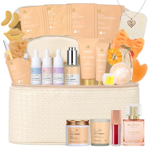 33 pcs Valentines Day Gifts for Women, Orange Facial Kit, Skin Care Gift Set, Self-Care Kit, Spa & Bath & Body Basket Gift, Beauty Bag, Face Gel Mask, Pampering Kit, Birthday Gift, Mother Day