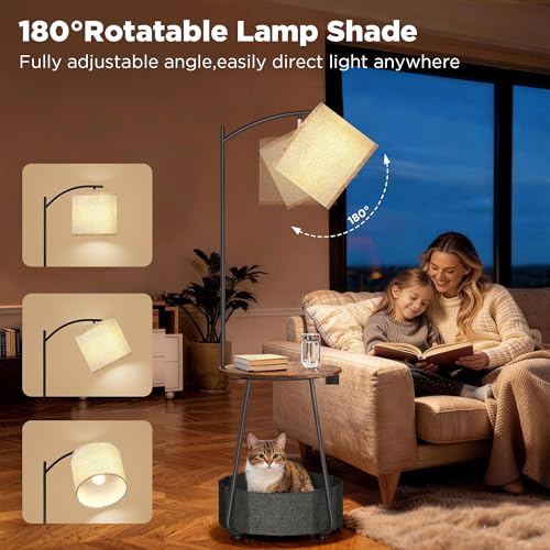 Rustic Brown Floor Lamp with Table & Charging Station - Modern Nightstand with USB & Type-C Ports