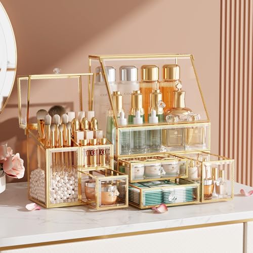 CoralHouse Clear Glass Makeup Organizer with Brush Holder - Modular Vanity Storage