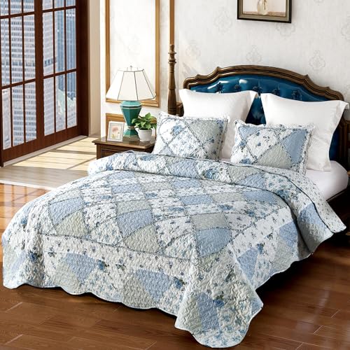 Oversized King Quilt Set 128x120 Blue Floral Patchwork Bedspread & Pillowcases