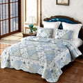Oversized King Quilt Set 128x120 Blue Floral Patchwork Bedspread & Pillowcases