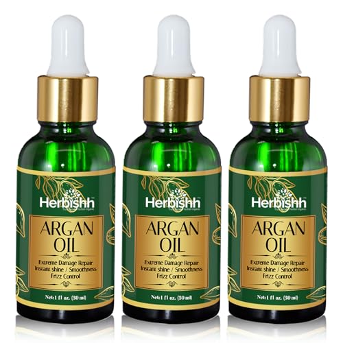 Herbishh Moroccan Argan Hair Oil Serum 1 Fl Oz Pack of 3 - Frizz Control & Heat Protectant