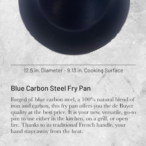 12.5-Inch Blue Carbon Steel Fry Pan - Oven Safe, Naturally Non-Stick, Made in France