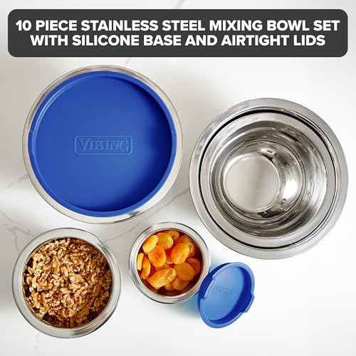 Viking 10-Piece Stainless Steel Mixing Bowl Set with Non-Slip Silicone Base - Blue