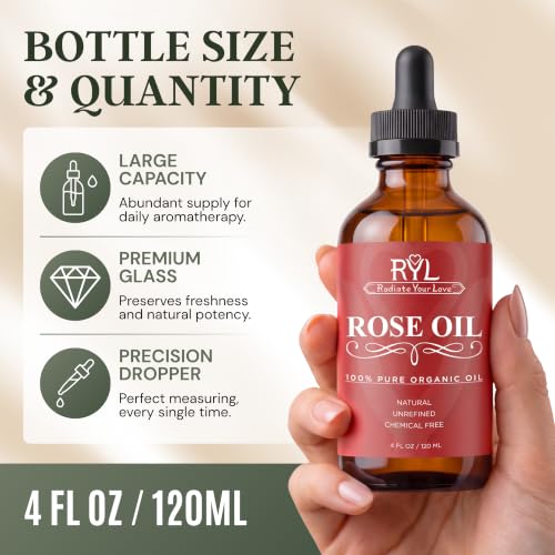 Organic Rose Essential Oil 4oz - Pure Therapeutic Aromatherapy for Skin & Diffusers