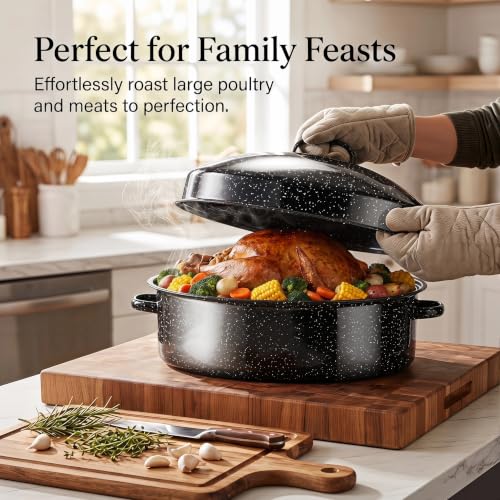 19.5-Inch Black Enamel Roasting Pan with Lid & Rack - Oval Turkey & Holiday Roast