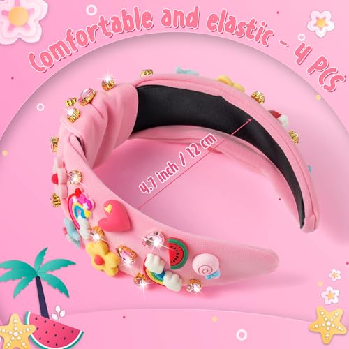 Pink Floral 4-Piece Jeweled Knotted Headband Set - Rainbow Rhinestone Hair Accessories for Women & Girls