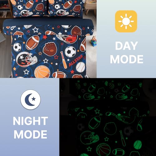 Wink Deer Full Size Ball Glow in the Dark Comforter Set for Boys, 7 Pieces, Sports Ball Pattern