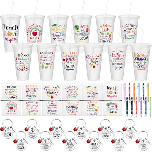 Pickmesh Teacher Appreciation Gift Bulk 48 Pcs / 12 Sets Makeup Bag Keychain 24oz Plastic Cup with Lid Ballpoint Pen Thank You Teacher Supplies(Inspirational Straw Cup,Clear)