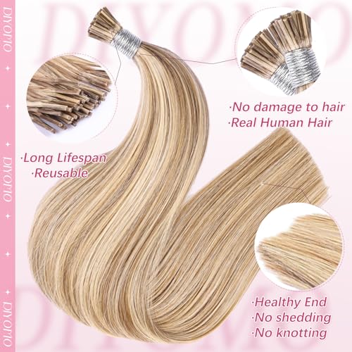 I Tip Hair Extensions Human Hair Ash Brown Highlighted Bleach Blonde 16 Inch - Dark Blonde to Light Blonde, 50g, Reusable, Easy to Install Variation #18/613