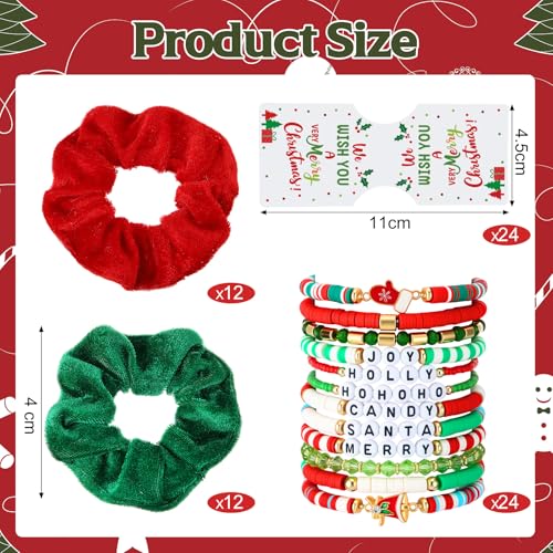 Tondiamo 72 Pcs Christmas Bracelets and Scrunchies Christmas Party Favor Gift Red Green Santa Joy Merry Candy Holiday Stackable Stretch Friendship Bracelets and Scrunchies with Gift Cards for Women