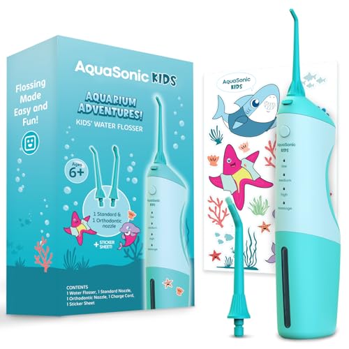 Aquasonic Kids Water Flosser Blue for Ages 6+ with Nozzles & Waterproof Stickers