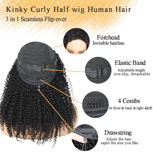 Natural Color 18 Inch Human Hair Kinky Curly Half Wig 3-in-1 Glueless Headband Style for Women