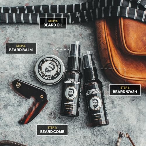 Percy Nobleman Beard Grooming Kit ? Gift Set with Signature Scented Beard Oil (1.7 fl oz), Beard Wash (1.7 fl oz), Beard Balm (0.7 fl oz) & Beard Comb for Softening, Hydration & Beard Maintenance