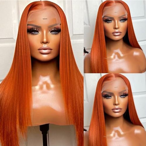 Fiumer 26 Inch Orange Ginger Human Hair Lace Front Wig 13x4 Straight 180% Density
