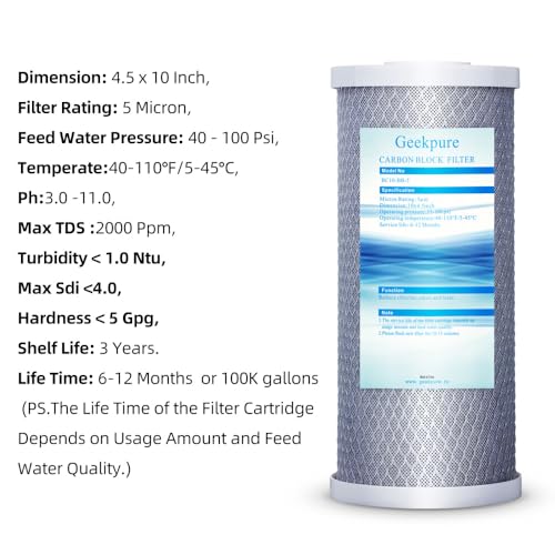 Geekpure 10-Inch Whole House Carbon Water Filter Set - 5 Micron, Pack of 4