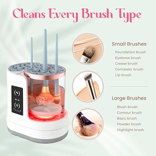 BRISEL 3-in-1 Electric Makeup Brush Cleaner & Dryer, USB Automatic with LED Light, Fast Deep Cleaning & Quick Drying for All Brush Sizes, White & Rose Gold Beauty Tool