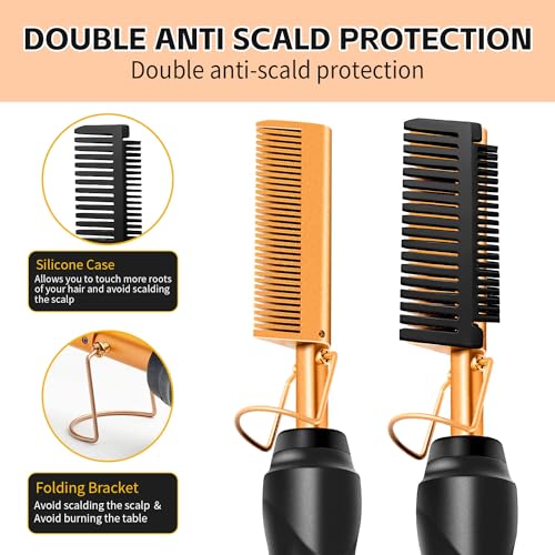 19 Pcs Hot Comb Set - Electric Hair Straightener Curling Iron for Natural Black Hair & Wigs - Includes Wig Glue & Styling Accessories