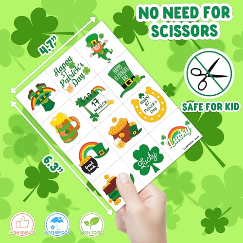 96 PCS St Patricks Day Shamrock Pre-Cut Temporary Tattoos for Kids | Super Cute Themed Birthday Party Favors, Supplies, Decorations, Lucky Fake Tattoo Stickers, School Rewards Gifts For Boys Girls