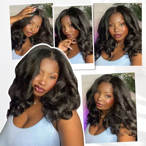 Black 16 Inch Yaki Curly Synthetic Wig for Black Women No Leave Out Clip-In Half Wig