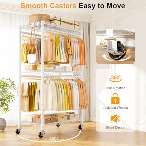 ULIFHOME P5 Rolling Clothes Rack White - Heavy Duty Garment Organizer with Adjustable Shelves & Double Rods