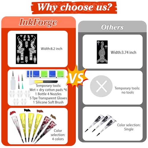 Temporary Stencils Tattoos Kit, 6 Pcs Tattoo Cones 4 Color (2 Black 2 Brown 1 Maroon 1 Cherry Red) with Gloves Brush Tool,DIY Body Art Skin Painting Designs for Women Men Kids Party Gifts