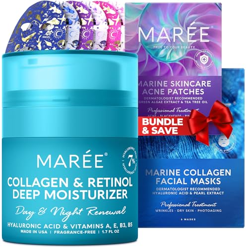 MAREE Bundle - Face Moisturizer Cream, Acne Clearing Devices, Sheet Moisturizing Masks - Marine Collagen & Hyaluronic Acid, Retinol, Tea Tree Oil - Anti Aging Face Cream, Hydrocolloid Acne Therapy