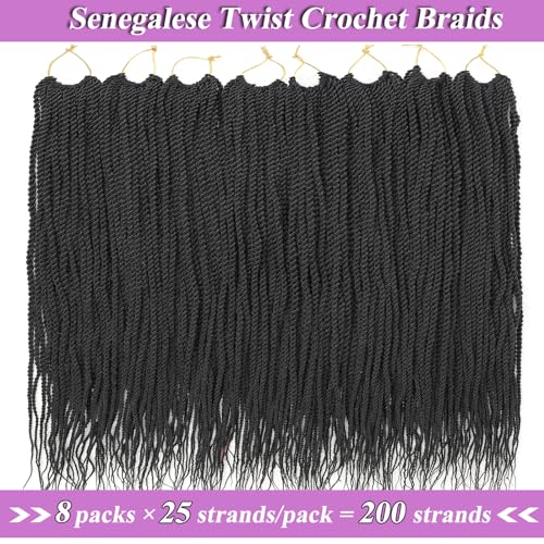 ZRQ 24 Inch Senegalese Twist Crochet Hair Prelooped 25 Strands Pack of 8, 1B#