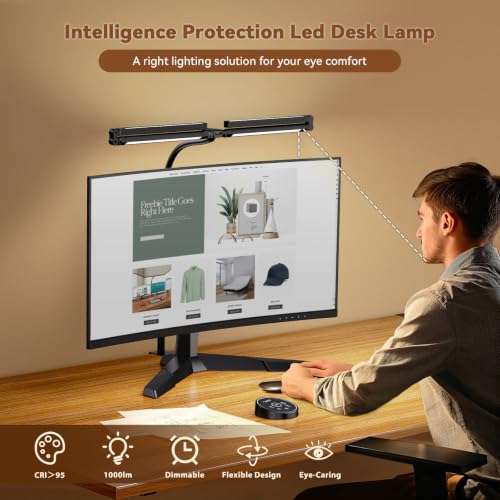 Pzloz Dark Black LED Desk Lamp with Clamp, 4 Adjustable Heads, Dimmable & Remote Control