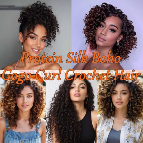 RENJOING 14 Inch Black Protein Fiber Boho Gogo Curl Crochet Hair 9 Packs