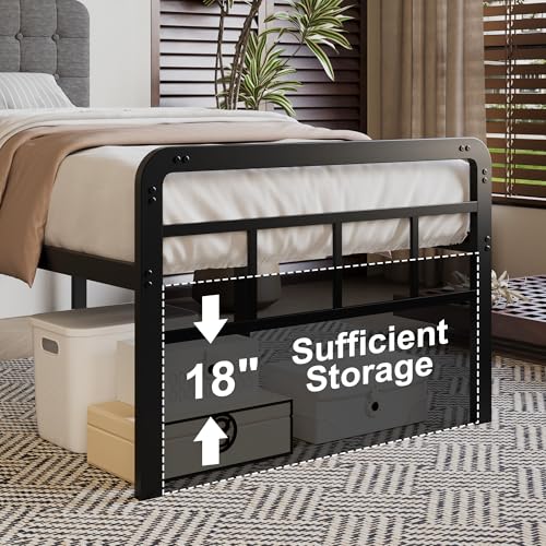 Grey Upholstered Twin Bed Frame with Headboard & Footboard - 18 Inch Support