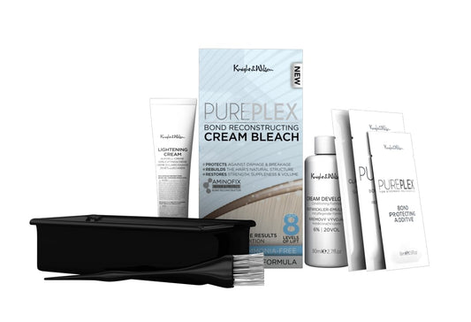 Knight & Wilson PurePlex Cream Hair Bleach. Powder Free. Bond Reconstructing. Up to 8 of Lift, Protects & Repairs during Lightening. Complete bleaching kit with tint bowl and brush. Ammonia Free.
