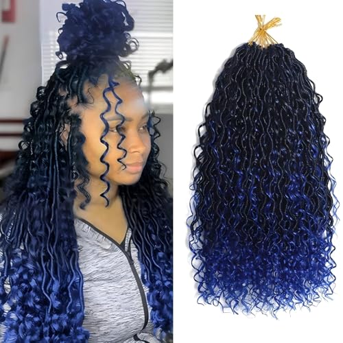 14 Inch Goddess Locs Crochet Hair - Blue Boho Faux Locs with Curly Ends, 8 Packs