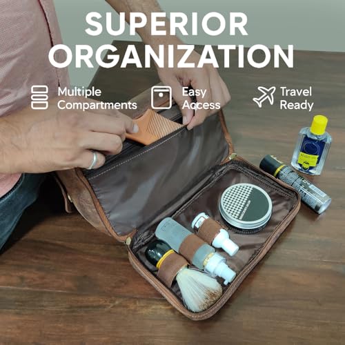 Leather Toiletry Bag for Men Women - Travel Shaving Dopp Kit - Brown