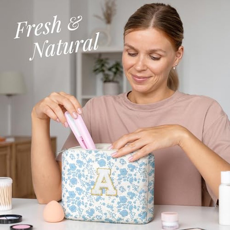 3PCS Personalized Initial Makeup Bag for Women, Birthday Gifts for Girl, Travel Toiletry Bag MakeupBag Quilted Cosmetic Bag Floral Cotton Make up Bags for Girls and Women Christmas Gift C