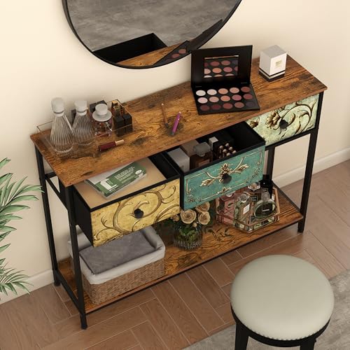 Entryway Console Table with Retro Flower Fabric Drawers and Open Shelf - Narrow Sofa Table for Hallway Living Room Foyer - Variation: Retro Flower / 3 Drawers