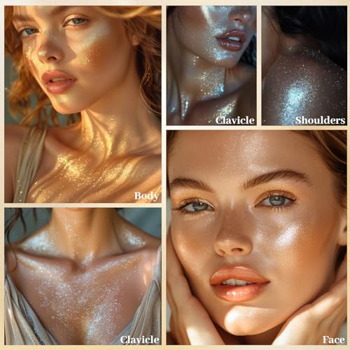 UCANBE Face Body Glitter Liquid Highlighter Illuminator Dewy Drops with Makeup Brush, Makeup Sparkle Shine Luminizer Enhancer Skin Body Shimmer Oil Tint 50ml/1.69oz (03 Rose Gold, Standard)