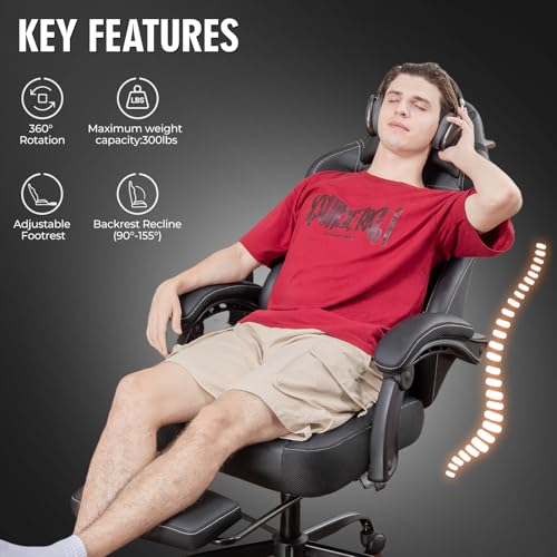 GTPLAYER Gaming Chair with Footrest - High Back Leather Office Chair for Adults, Adjustable Headrest & Lumbar Support, Black, Variation: With Pedals